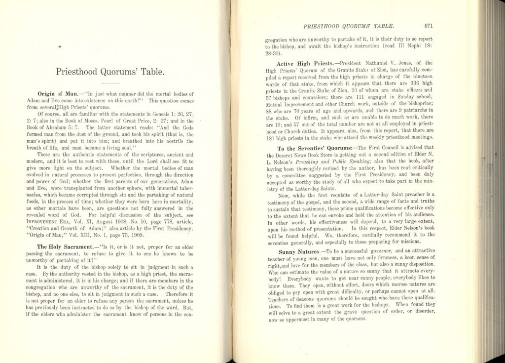 Origin of Man Priesthood Quorums' Table - 1910